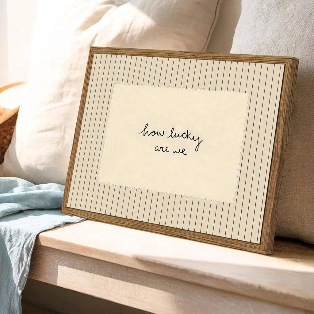 How Lucky Are We Wall Art Trendy Preppy Inspirational Quote Sign Wall Decor Picture Vintage Striped Poster Canvas Painting Print for Living Room Bedroom 12×16 inch Wood Framed