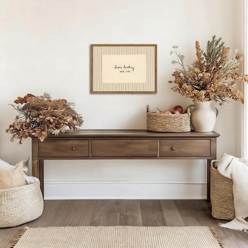 How Lucky Are We Wall Art Trendy Preppy Inspirational Quote Sign Wall Decor Picture Vintage Striped Poster Canvas Painting Print for Living Room Bedroom 12×16 inch Wood Framed