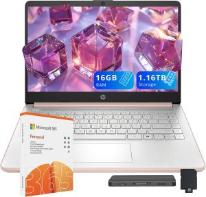 HP Stream 14″ HD Laptop for Student & Business, Intel Processor N150, 16GB RAM, 1.16TB Storage (128GB UFS+1TB Docking Station Set), Intel Graphics, 1 Year Office 365, Copilot, Wi-Fi 6, Win 11 S, Gold