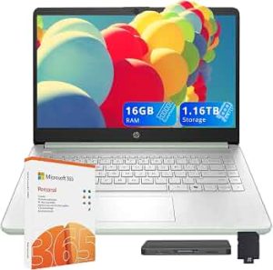 HP Stream 14″ HD Laptop for Student & Business, Intel Processor N150, 16GB RAM, 1.16TB Storage (128GB UFS+1TB Docking Station Set), Intel Graphics, 1 Year Office 365, Copilot, Wi-Fi 6, Win 11 S, Green