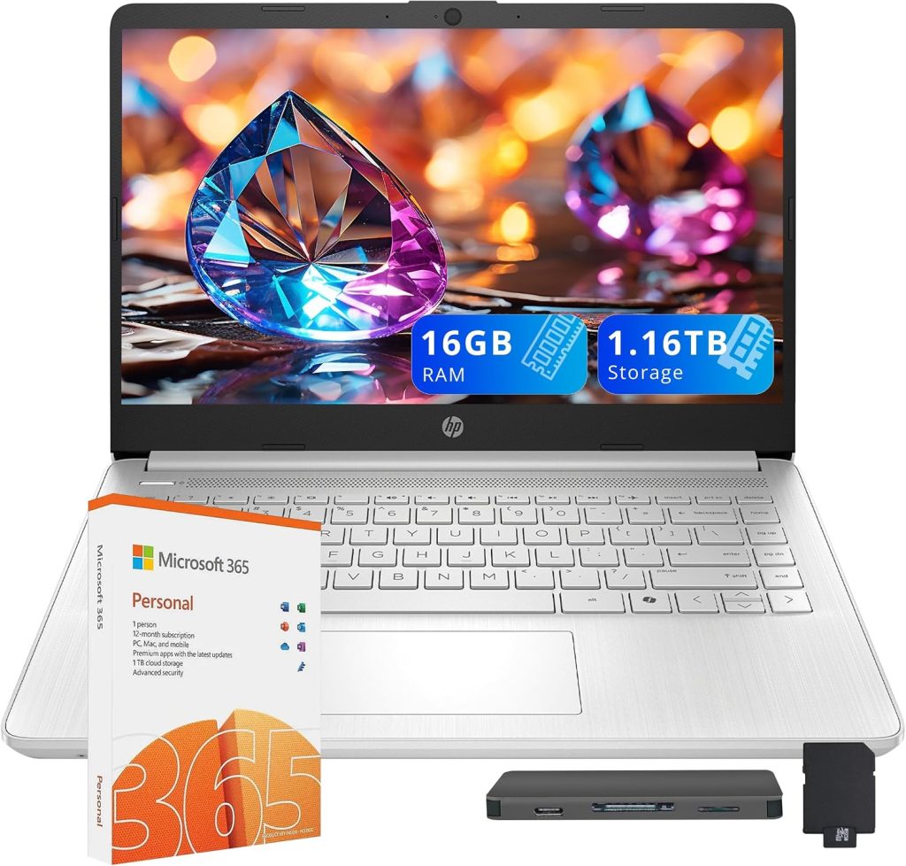 HP Stream 14″ HD Student & Business Laptop, Intel Processor N150, 16GB RAM, 1.16TB Storage (128GB UFS+1TB Docking Station Set), Intel Graphics, 1 Year Office 365, Copilot, Wi-Fi 6, Win 11s, Silver