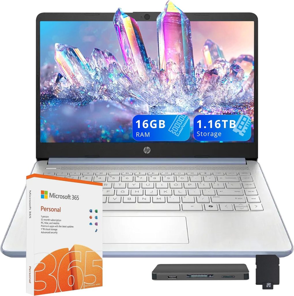 HP Stream 14″ HD Student & Business Laptop, Intel Processor N150, 16GB RAM, 1.16TB Storage (128GB UFS+1TB Docking Station Set), Intel Graphics, 1 Year Office 365, Copilot, Wi-Fi 6, Win 11 S, Blue