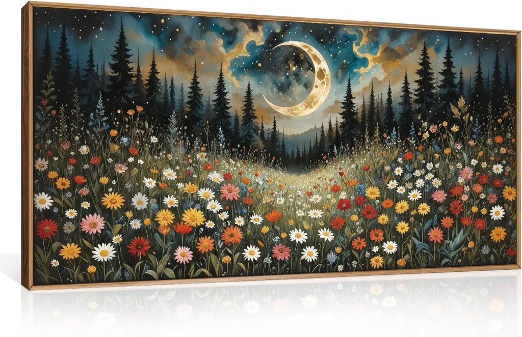 HPINUB Wildflower Moon Pine Tree Framed Canvas Wall Art Set,Nature Forest Wall Decor,Mystical Starry Night Artwork Rustic Mountain Landscape Art Print For Living Room,Bedroom,Office-20″x40″