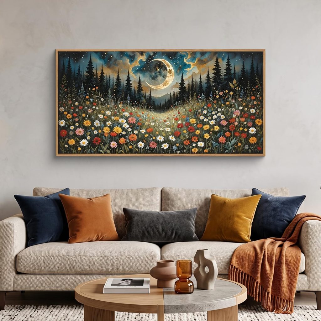 HPINUB Wildflower Moon Pine Tree Framed Canvas Wall Art Set,Nature Forest Wall Decor,Mystical Starry Night Artwork Rustic Mountain Landscape Art Print For Living Room,Bedroom,Office-20″x40″