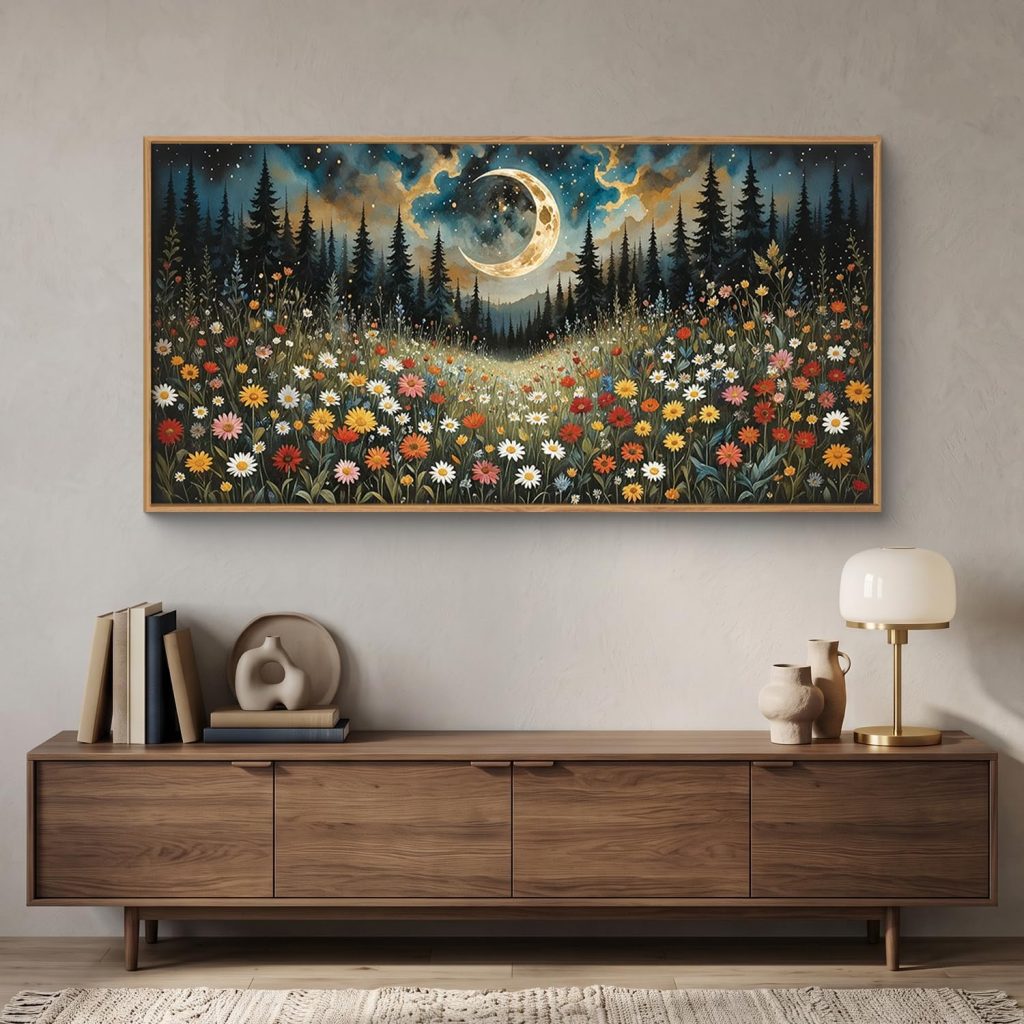 HPINUB Wildflower Moon Pine Tree Framed Canvas Wall Art Set,Nature Forest Wall Decor,Mystical Starry Night Artwork Rustic Mountain Landscape Art Print For Living Room,Bedroom,Office-20″x40″