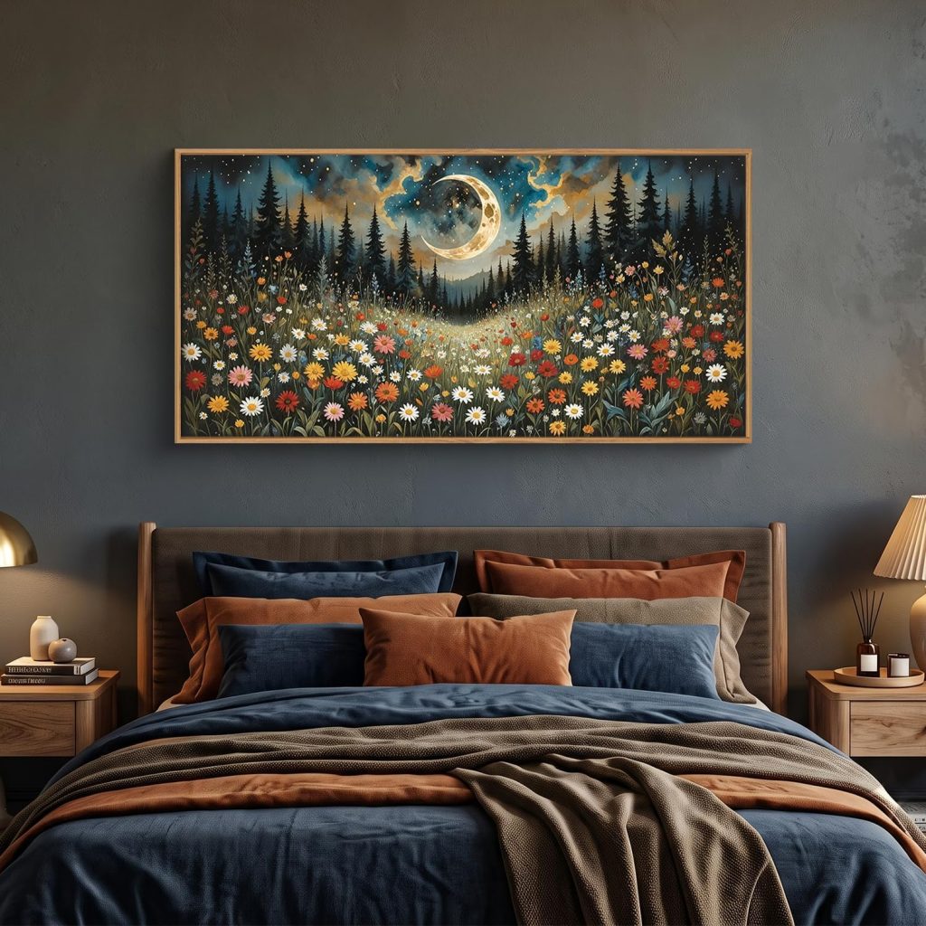 HPINUB Wildflower Moon Pine Tree Framed Canvas Wall Art Set,Nature Forest Wall Decor,Mystical Starry Night Artwork Rustic Mountain Landscape Art Print For Living Room,Bedroom,Office-20″x40″