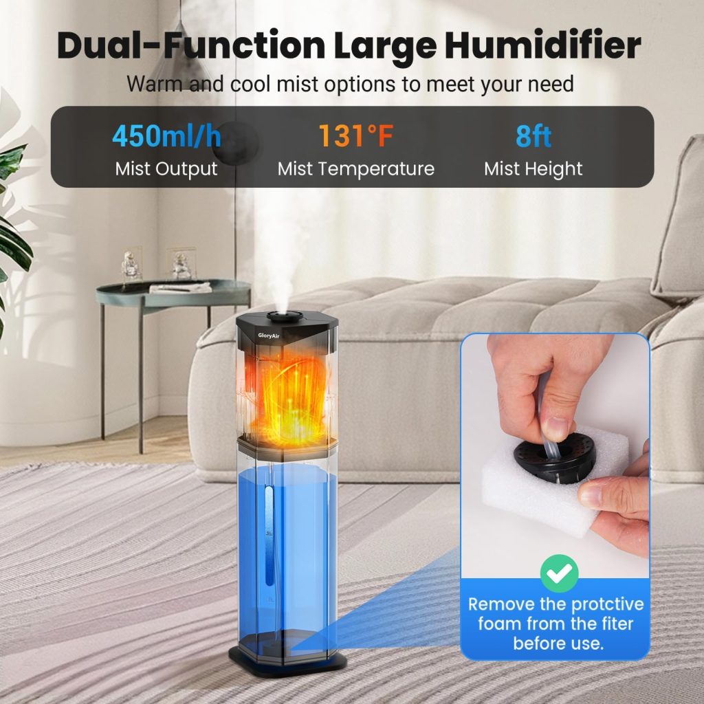 Humidifier for Large Room, 2.38Gal Cool & Warm Mist,Top Fill, 60H