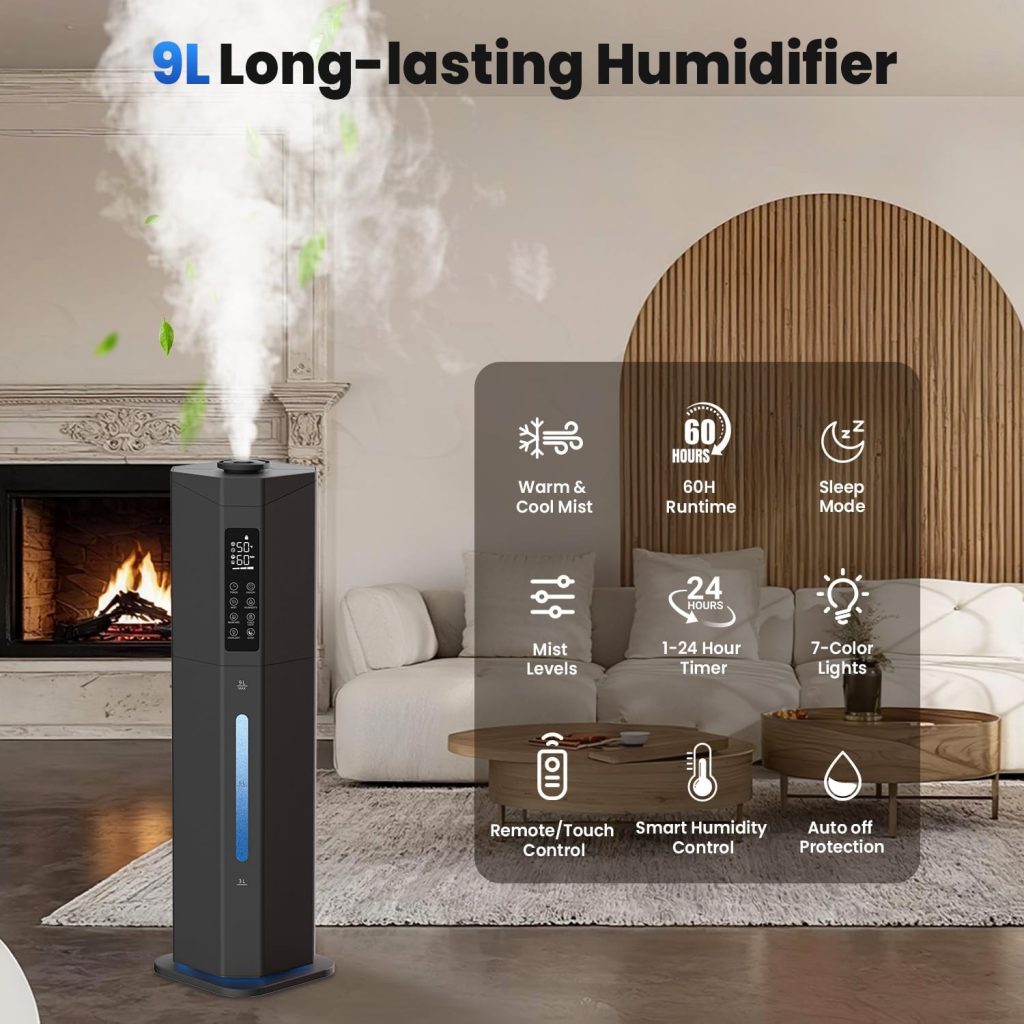 Humidifier for Large Room, 2.38Gal Cool & Warm Mist,Top Fill, 60H