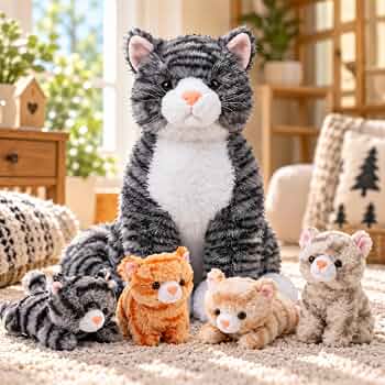 HyDren 5 Pcs Cat Stuffed Animal 13.78 Inch Large Plush Cat Mommy with 4 Kittens for Boys Girls Plush Toy, Birthday Gift, Valentine Gift(Grey)
