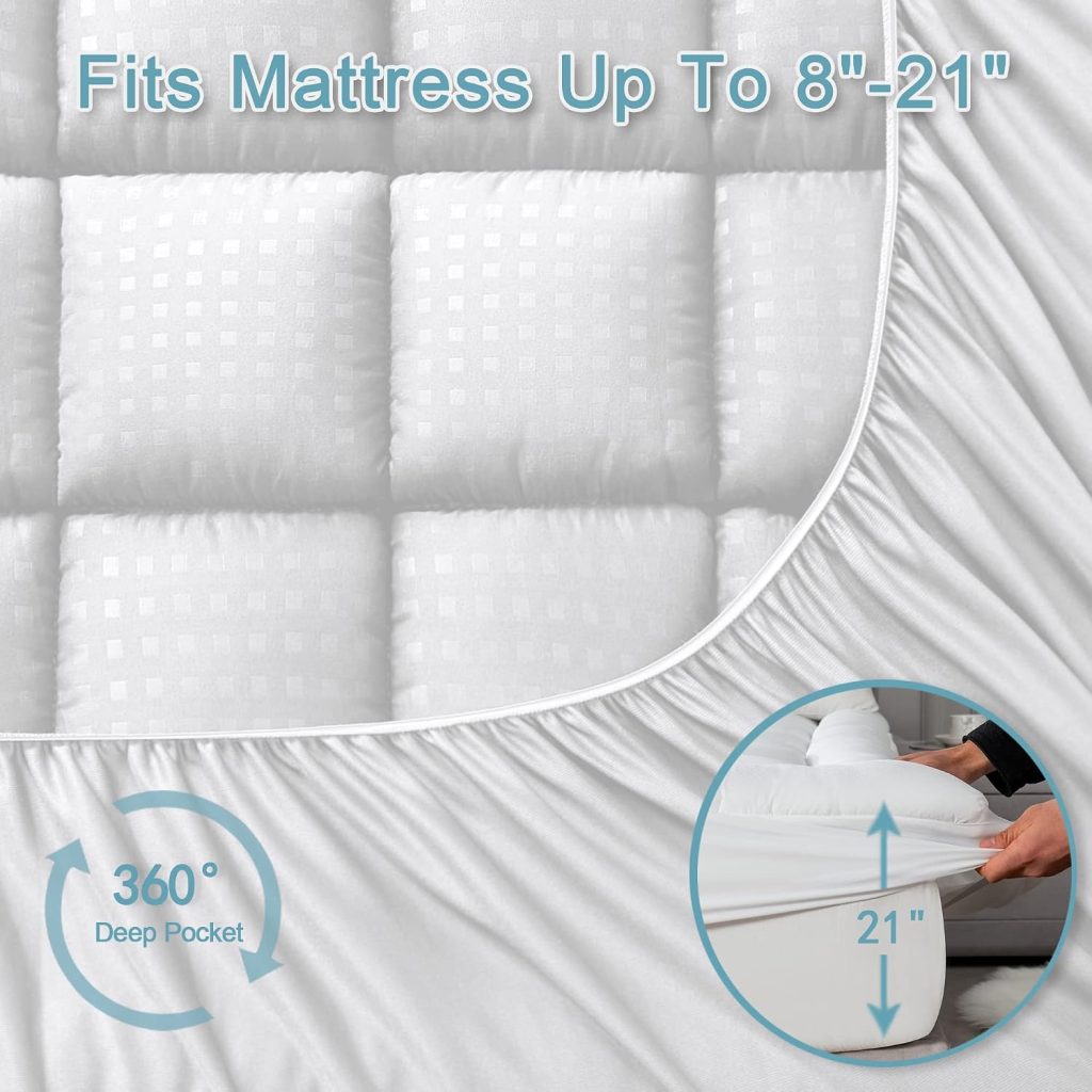 HYLEORY Queen Mattress Pad Quilted Fitted Mattress Protector Cooling Pillow Top Mattress Cover Breathable Fluffy Soft Mattress Topper with 8-21″ Deep Pocket