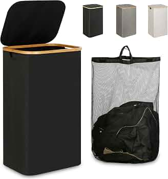 IEGrow Laundry Hamper with Lid,110L Laundry Basket with Mesh Bags,Black
