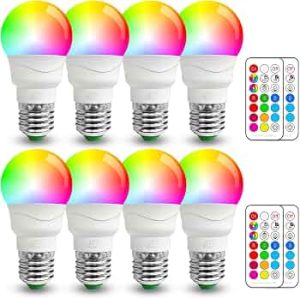 ILC Color Changing LED Light Bulb, A15 40W Equivalent, 5000K Daylight White, 450LM 5W E26 Screw Base RGBW, Mood Light Bulb – RGB 12 Color Choices – Timing Infrared Remote Control Included (8 Pack)