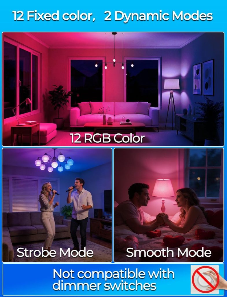 ILC RGB LED Light Bulb, Color Changing Light Bulb, 40W Equivalent, 450LM, 2700K Warm White 5W E26 Screw Base RGBW, A15 Colored Light Bulbs – 12 Color Choices – Timing Infrared Remote Control (4 Pack)