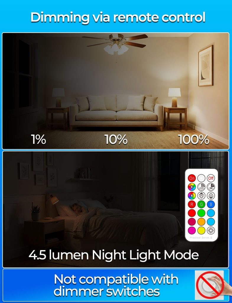 ILC RGB LED Light Bulb, Color Changing Light Bulb, 40W Equivalent, 450LM, 2700K Warm White 5W E26 Screw Base RGBW, A15 Colored Light Bulbs – 12 Color Choices – Timing Infrared Remote Control (4 Pack)