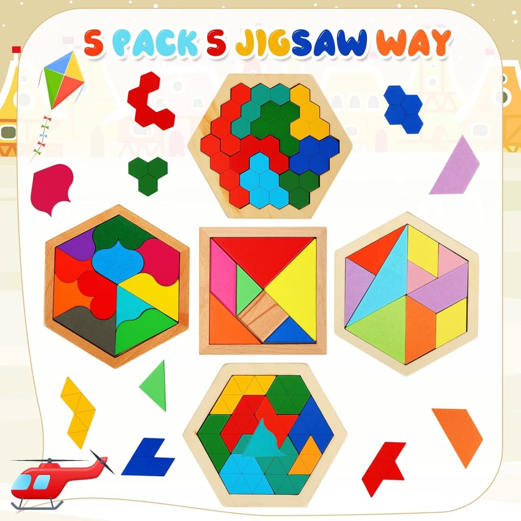 Jerify 5 Pack Wooden Tangram Puzzle for Kids, Brain Teaser Puzzles