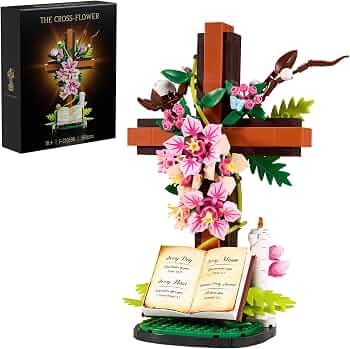 Jesus Cross Flower Building Set, Religious Cross Collectibles Compatible with Lego Botanicals Jesus Pink Catholic Building Toys,Christian Gift for Women or Adults (568 PCS)
