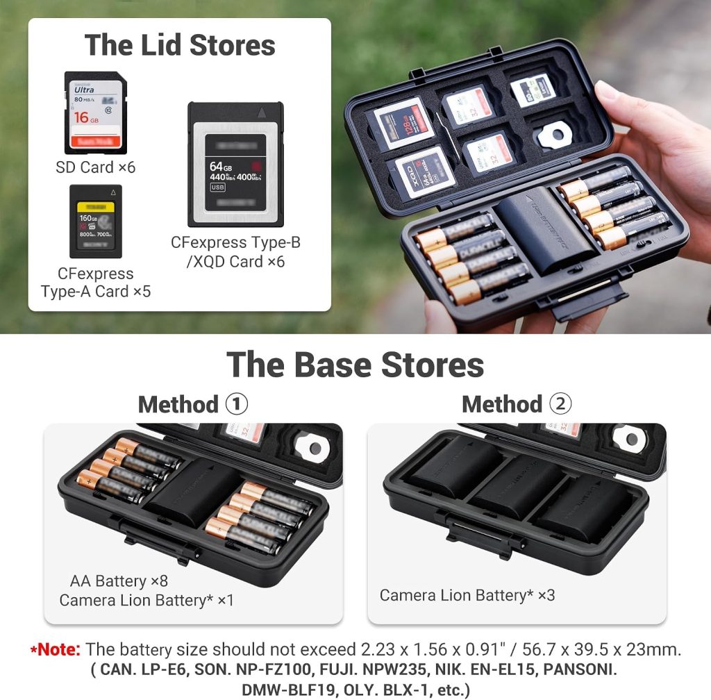 JJC Multi-Function Camera Battery Case Memory Card Holder for Canon LP-E6 Sony NP-FZ100 Nikon EN-EL15 Fuji NP-W235, Water-Resistant & Shockproof Case for SD CFexpress Type A B XQD Cards, AA Batteries