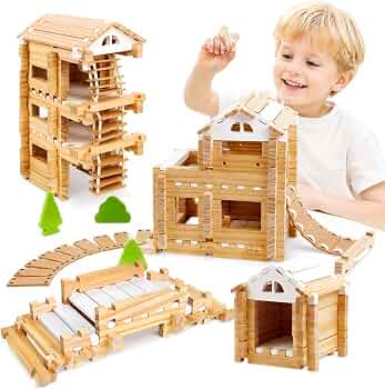 Jovi-Mindly & Notchies 96 PCS Wooden Building Blocks Toy Set for Kids Ages 4+ Boys Girls, Creative Construction Imaginative Cabin House with Storage Bag STEM Educational Learning Toy for Birthday Gift