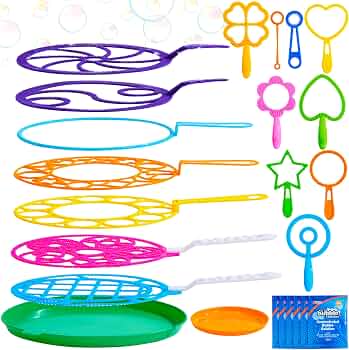 JOYIN Big Bubble Wands Set Bulk for Kids Summer Outdoor Toy Game Activity Party Favors, 18 Pcs Giant Bubble Maker with Tray, 12″ Large, 6 Pcs Solution Suitable for All Age People