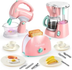 Joyin Play Kitchen Toys, Pretend Food Kitchen Accessories Girls Toy with Coffee Maker, Mixer, Toaster with Realistic Lights& Sounds, Birthday Gift for Kids