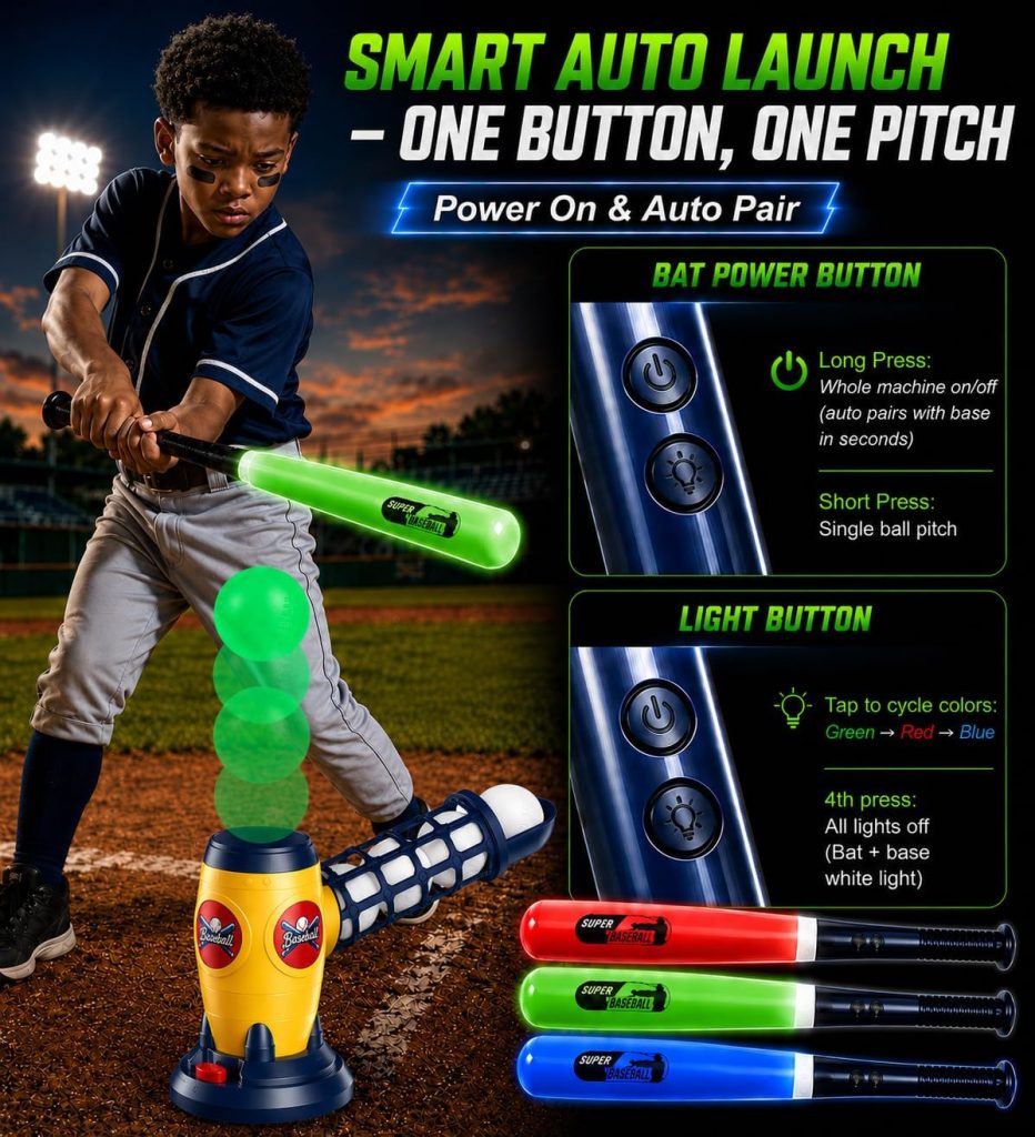 Kids Baseball Auto Pitching Machine T Ball Set, Remote Bat, 5 Glow Balls
