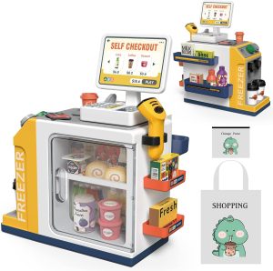 Kids Cash Register Playset – 48PCS Play Money, Calculator, Scanner,Ages 3+