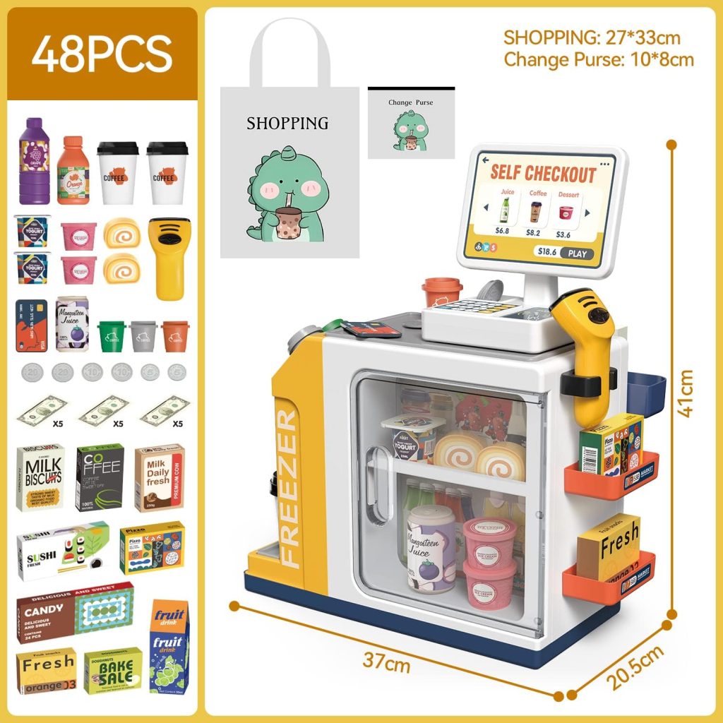 Kids Cash Register Playset – 48PCS Play Money, Calculator, Scanner,Ages 3+