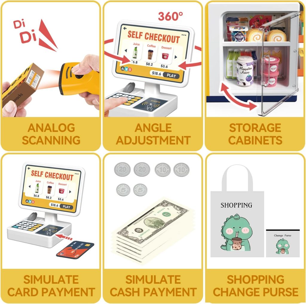 Kids Cash Register Playset – 48PCS Play Money, Calculator, Scanner,Ages 3+