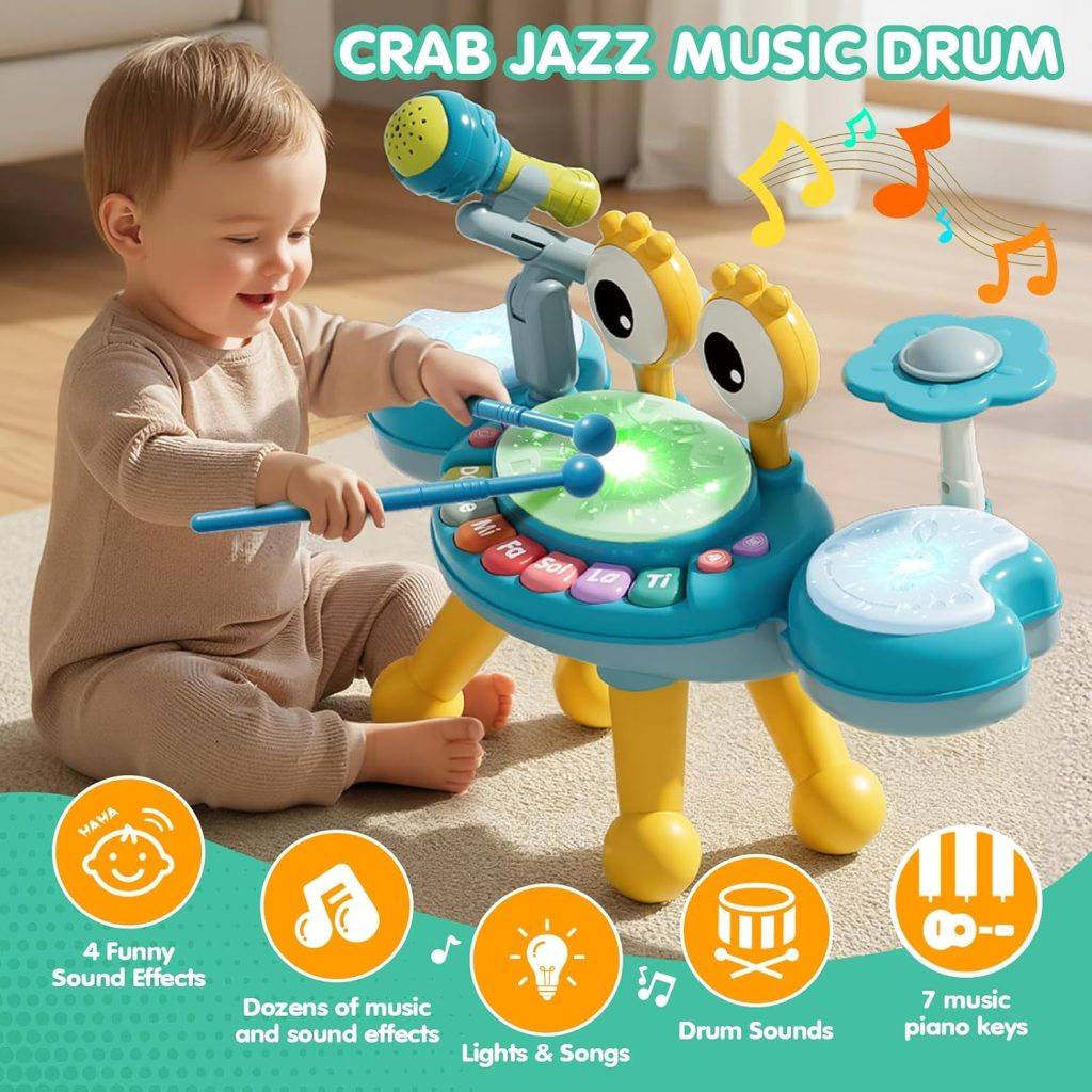 Kids Drum Set with Light-Up Microphone, Music Toy Ages 18 Months+
