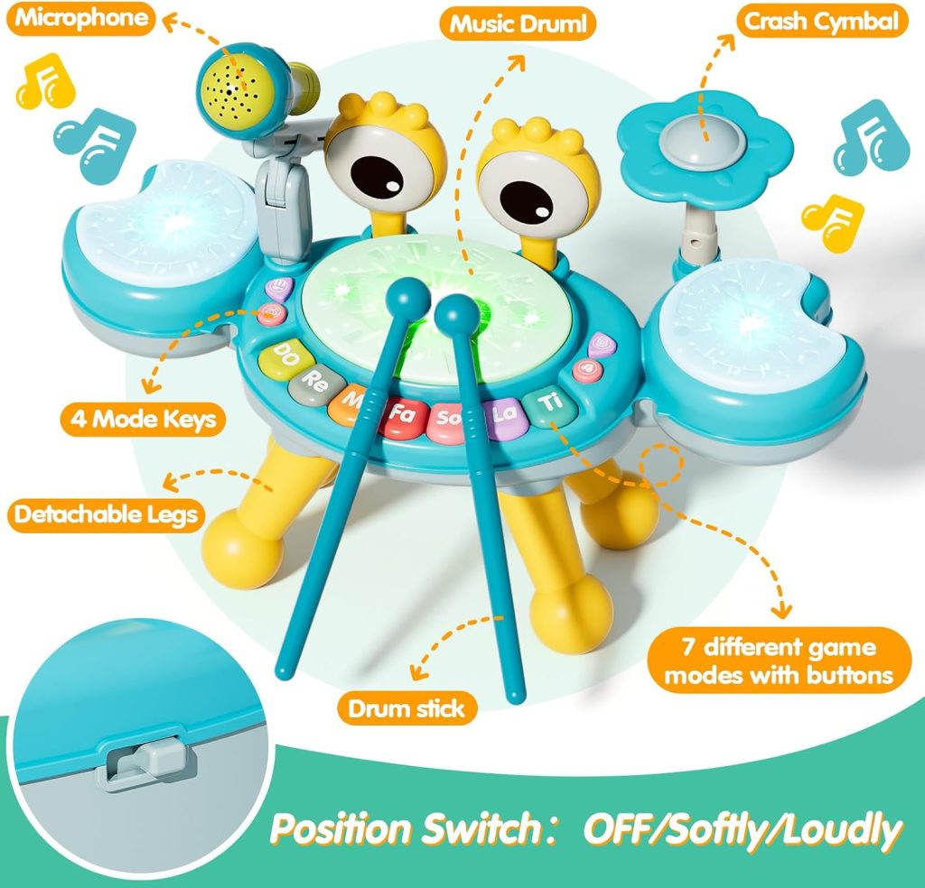 Kids Drum Set with Light-Up Microphone, Music Toy Ages 18 Months+