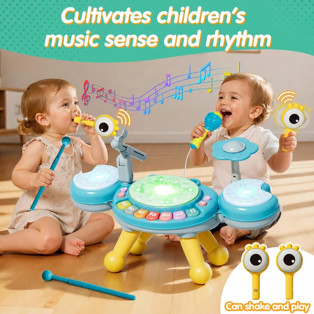 Kids Drum Set with Light-Up Microphone, Music Toy Ages 18 Months+