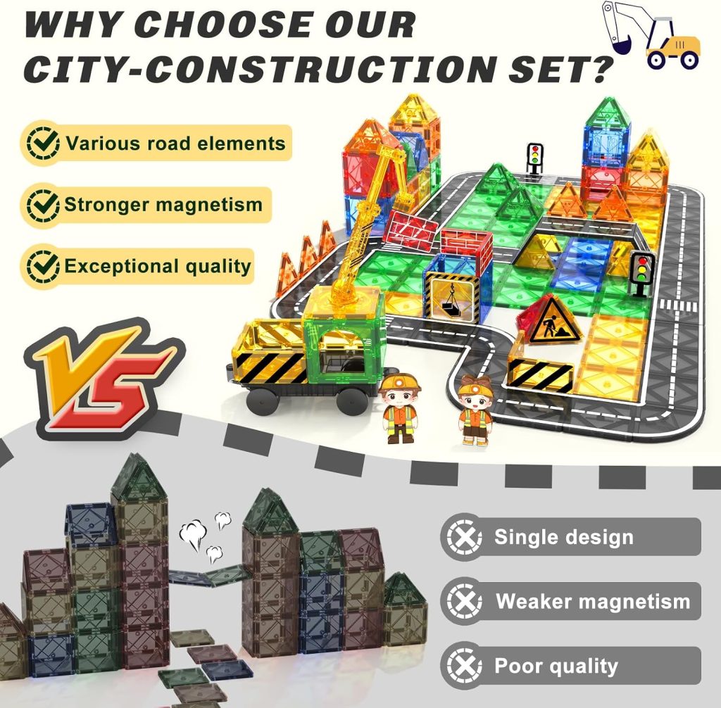 Kids Games Magnetic Tiles Road Set with Extendable Crane Magnetic Blocks