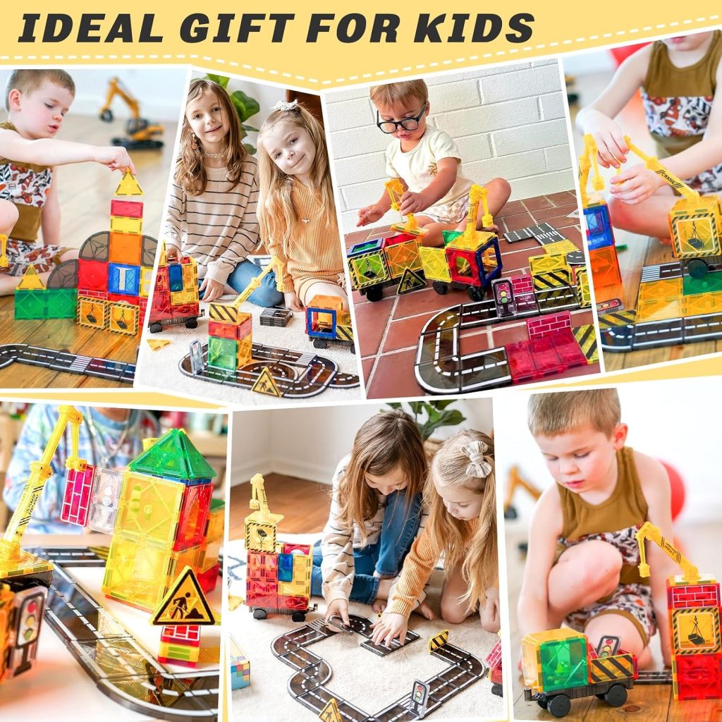 Kids Games Magnetic Tiles Road Set with Extendable Crane Magnetic Blocks