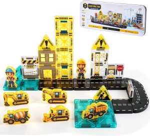 Kids Games Mini Magnetic Tiles Road Construction Set with Magnetic Crane, Road, City Construction Building Toys for Toddlers STEM Preschool Ages 4-6 5-7, Gifts for 3+ Year Old Boys Girls Kids Toys