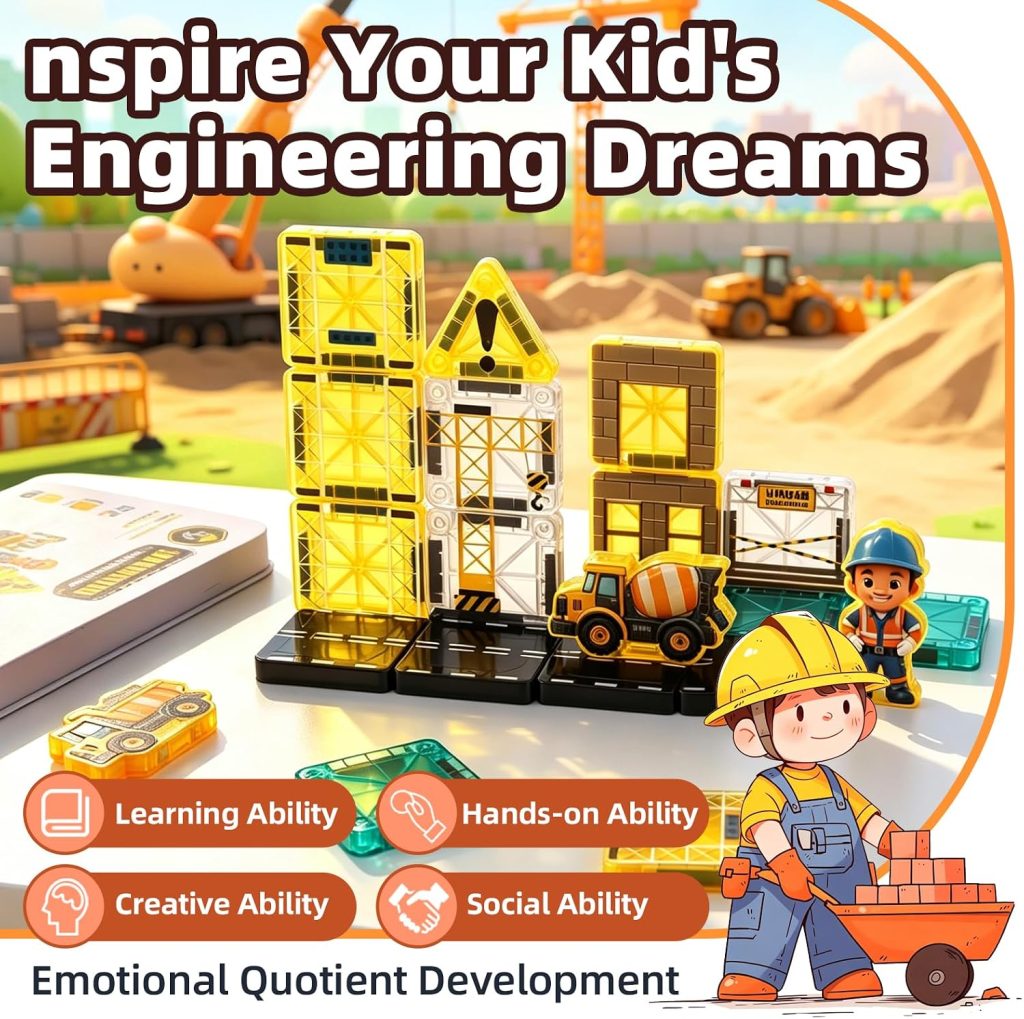 Kids Games Mini Magnetic Tiles Road Construction Set with Magnetic Crane, Road, City Construction Building Toys for Toddlers STEM Preschool Ages 4-6 5-7, Gifts for 3+ Year Old Boys Girls Kids Toys
