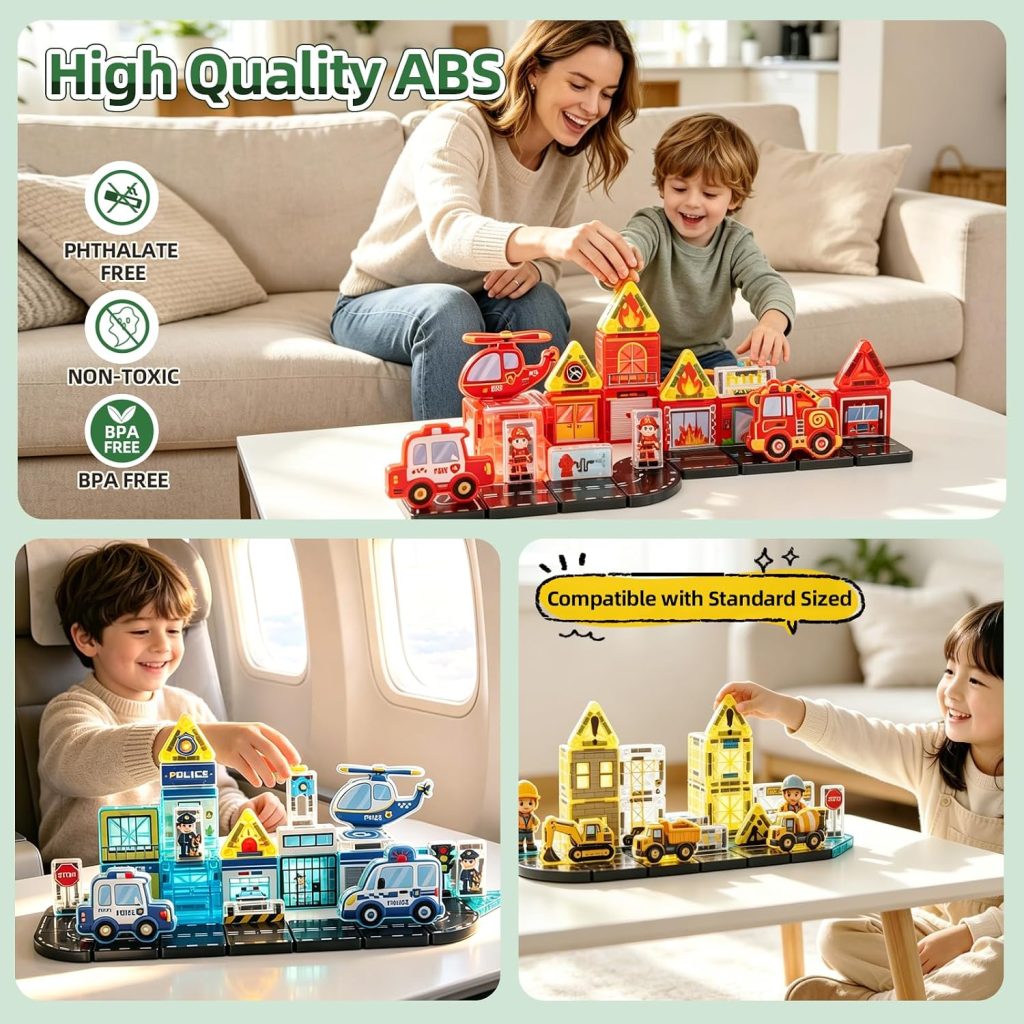Kids Games Mini Magnetic Tiles Road Construction Set with Magnetic Crane, Road, City Construction Building Toys for Toddlers STEM Preschool Ages 4-6 5-7, Gifts for 3+ Year Old Boys Girls Kids Toys