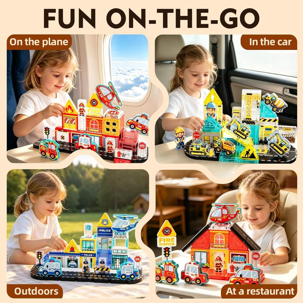 Kids Games Mini Magnetic Tiles Road Construction Set with Magnetic Crane, Road, City Construction Building Toys for Toddlers STEM Preschool Ages 4-6 5-7, Gifts for 3+ Year Old Boys Girls Kids Toys