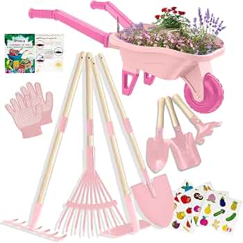 Kids Gardening Set with Wheelbarrow, Real Metal Garden Tools for Kids Ages 3-8, 4 Long Handle Tools, 3 Hand Tool, Gloves, 5 Stickers, Handbook, Outdoor Backyard Toys for Toddler Gift