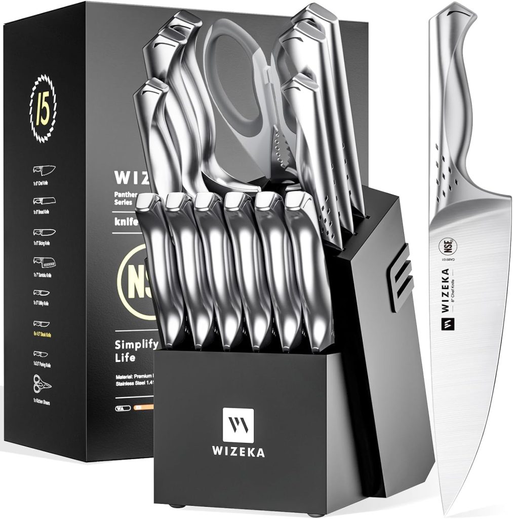 Kitchen Knife Set, 15 Piece Knife Block Set with Sharpener