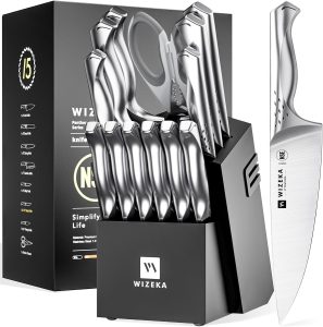 Kitchen Knife Set, 15 Piece Knife Block Set with Sharpener