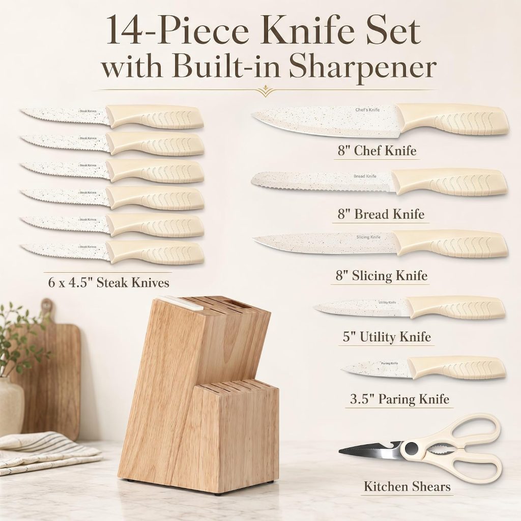 Knife Set with Built-in Sharpener Block, Dishwasher Safe