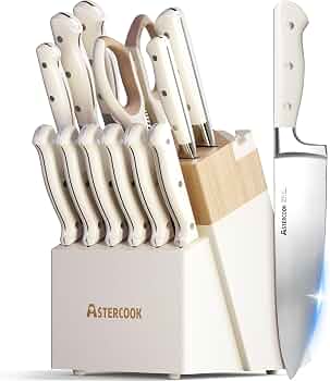 Knife Set,Astercook Kitchen Knife Set with Block 14-Piece Full Tang Stainless Steel Knives with Sharpener Dishwasher Safe and Anti-Slip Ergonomic Handle Utensils Set