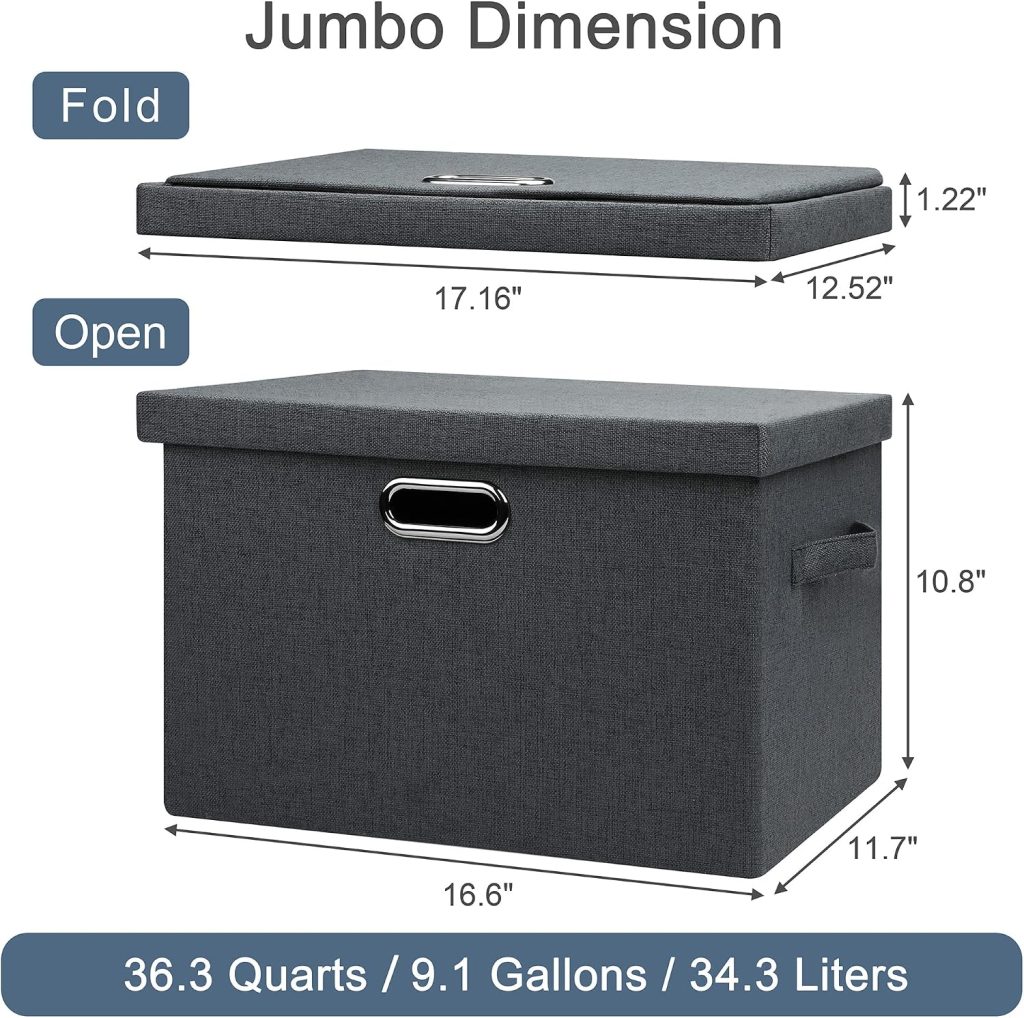 Large 17″ 36 Quart Collapsible Stackable Storage Bins with Lids, 3 Packs Dark Gray Foldable Fabric Closet Storage Boxes with Lids, Heavy-duty Linen Cube Baskets(17x12x11)