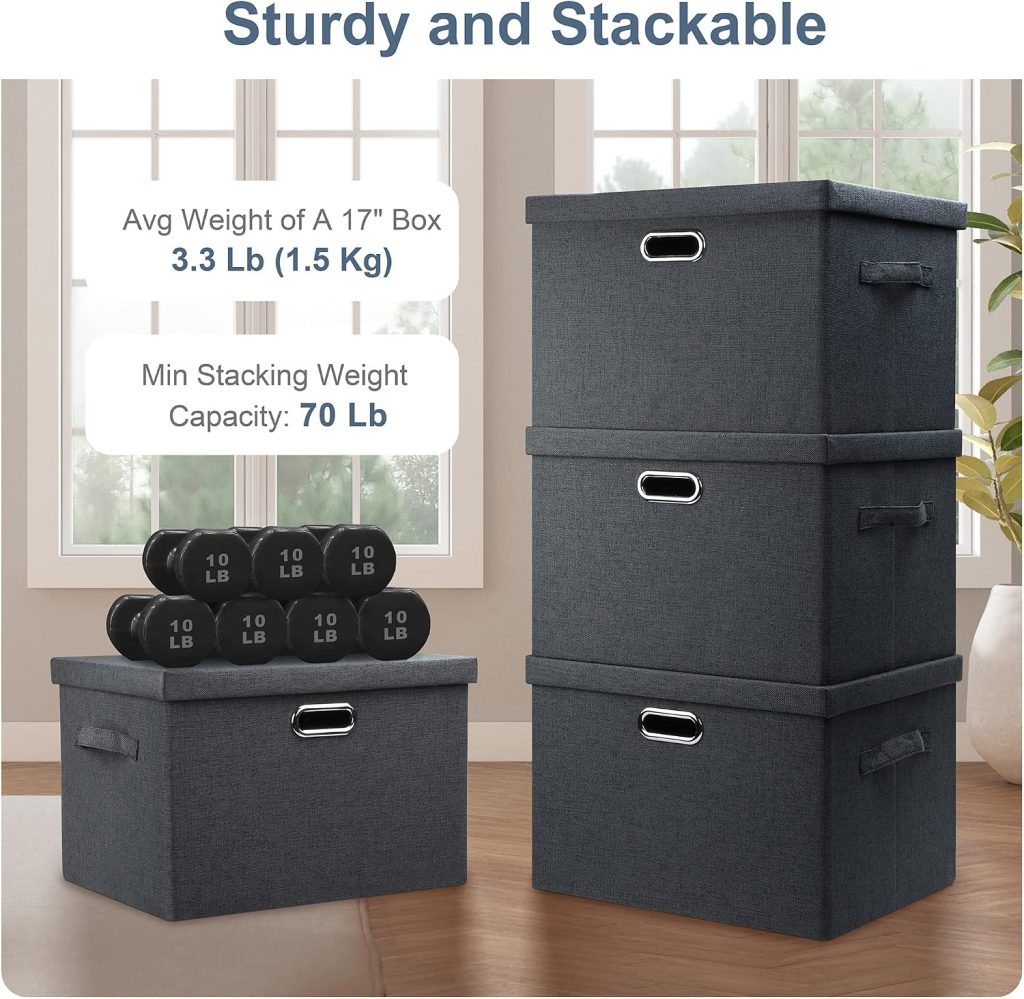 Large 17″ 36 Quart Collapsible Stackable Storage Bins with Lids, 3 Packs Dark Gray Foldable Fabric Closet Storage Boxes with Lids, Heavy-duty Linen Cube Baskets(17x12x11)