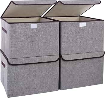 Large 22 Quart Linen Fabric Foldable Storage Bin Cube Organizer Basket with Flip-Top Lid & Handles, Clothes Blanket Box for Home, Office, Closet, Gray, 4 Pack 14.6 x 9.5 x 9.5”