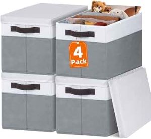 Large Closet Storage Baskets Bins with Lids 4 Pack, Storage Baskets for Organizing Shelves Nursery Bedroom, Home Dorm Closet Organizers Cubes for Clothes Toys Blanket Book – Stackable -14x10x9.5