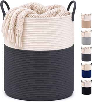 Large Laundry Hamper Basket, 60L Cotton Rope Woven Storage Bin for Blankets, Dirty Clothes Toys, Decorative Tall Basket for Living Room, Bedroom, Bathroom, Nursery, Charcoal Gray