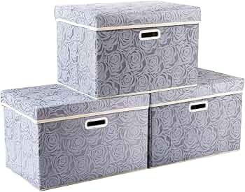 Large Storage Boxes with Lids (3-Pack) Fabric Decorative Storage Bins Cubes Organizer Containers Baskets with Handles for Closet Grey 17.7×11.8×11.8 In For 6+ Year Old Boys and Girls