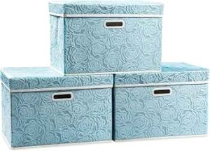 Larger Collapsible Storage Cubes with Lids Fabric Decorative Storage Bins Boxes Organizer Containers Baskets with Cover Handles for Bedroom Closet Living Room Blue 17.7×11.8×11.8 Inch 3 Pack