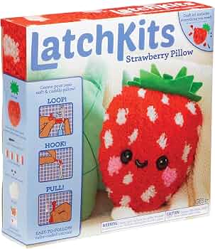 LatchKits Strawberry Pillow – Latch Hook Kits for Kids, Arts and Crafts, Yarn Art, Kids Crafts, Toys for Girls, Birthday Gift for Girls, Easy to Follow Pattern, Hook Included, Craft Kits, Ages 6+